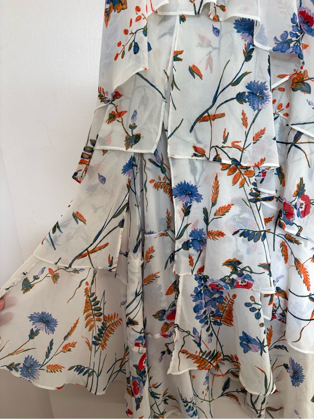 Maje White High-Low Floral Ruffle Dress with Blue & Orange Print spring/summer - Picture 7 of 10